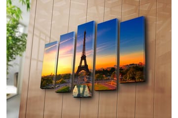 Stort lerretsbilde i 5 deler 105x70 cm - Eiffeltårnet mot en fargerik solnedgang - Oransje / Blå / Grønn - Interiør - Maleri & posters - Lerretsbilder