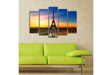 Stort lerretsbilde i 5 deler 105x70 cm - Eiffeltårnet mot en fargerik solnedgang - Oransje / Blå / Grønn - Interiør - Maleri & posters - Lerretsbilder