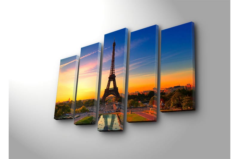 Stort lerretsbilde i 5 deler 105x70 cm - Eiffeltårnet mot en fargerik solnedgang - Oransje / Blå / Grønn - Interiør - Maleri & posters - Lerretsbilder