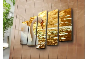 Stort lerretsbilde i 5 deler 105x70 cm - Elegant svane ved vannoverflaten - Hvit / Gull / Oransje - Interiør - Maleri & posters - Lerretsbilder