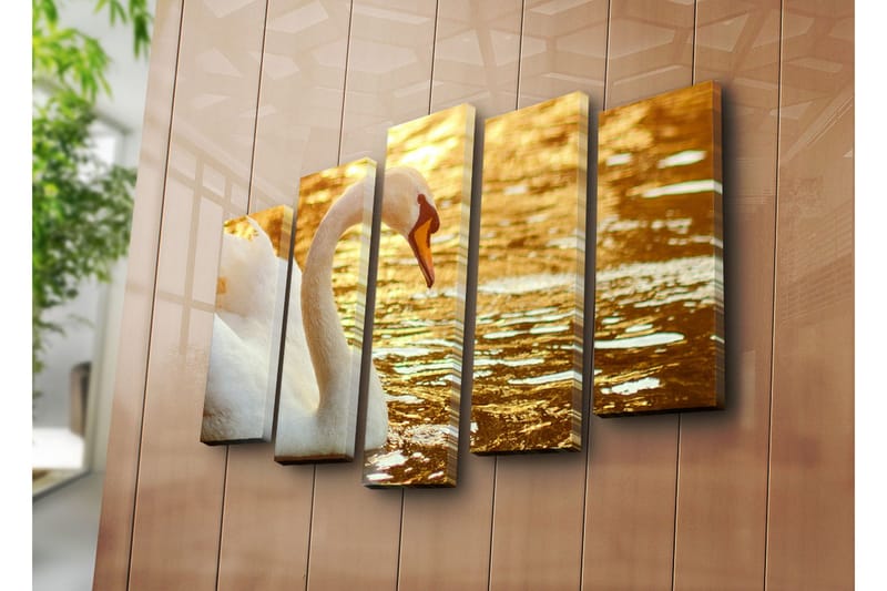 Stort lerretsbilde i 5 deler 105x70 cm - Elegant svane ved vannoverflaten - Hvit / Gull / Oransje - Interiør - Maleri & posters - Lerretsbilder