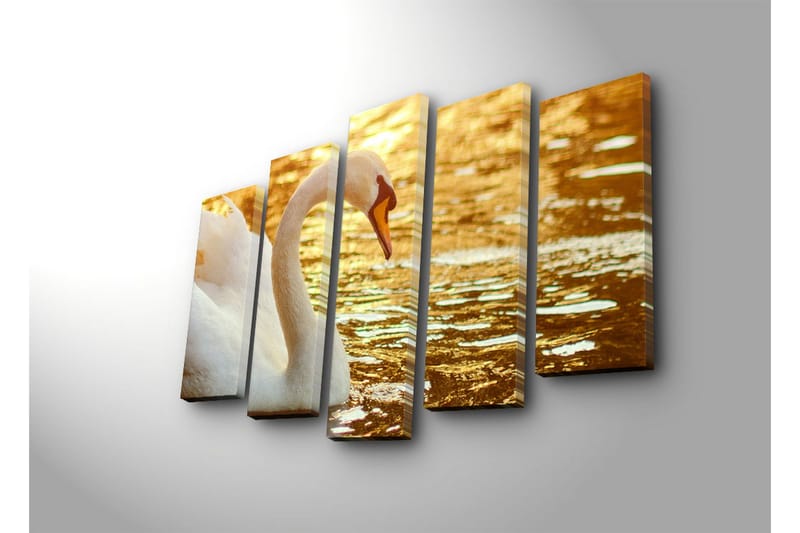 Stort lerretsbilde i 5 deler 105x70 cm - Elegant svane ved vannoverflaten - Hvit / Gull / Oransje - Interiør - Maleri & posters - Lerretsbilder