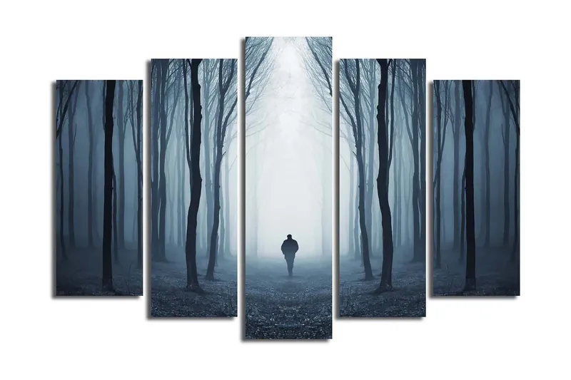 Stort lerretsbilde i 5 deler 105x70 cm - Ensom figur som går gjennom en tåkete skog - Mørk blå / Grå / Svart - Interiør - Maleri & posters - Lerretsbilder