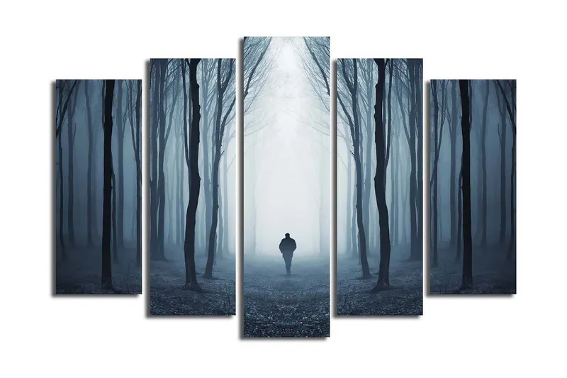 Stort lerretsbilde i 5 deler 105x70 cm - Ensom figur som går gjennom en tåkete skog - Mørk blå / Grå / Svart - Interiør - Maleri & posters - Lerretsbilder