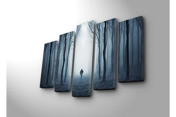 Stort lerretsbilde i 5 deler 105x70 cm - Ensom figur som går gjennom en tåkete skog - Mørk blå / Grå / Svart - Interiør - Maleri & posters - Lerretsbilder