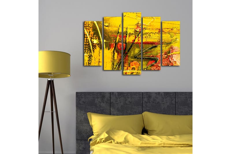 Stort lerretsbilde i 5 deler 105x70 cm - Fargerik abstrakt komposisjon med elementer av gult og rødt - Gul / Rød / Grønn - Interiør - Maleri & posters - Lerretsbilder