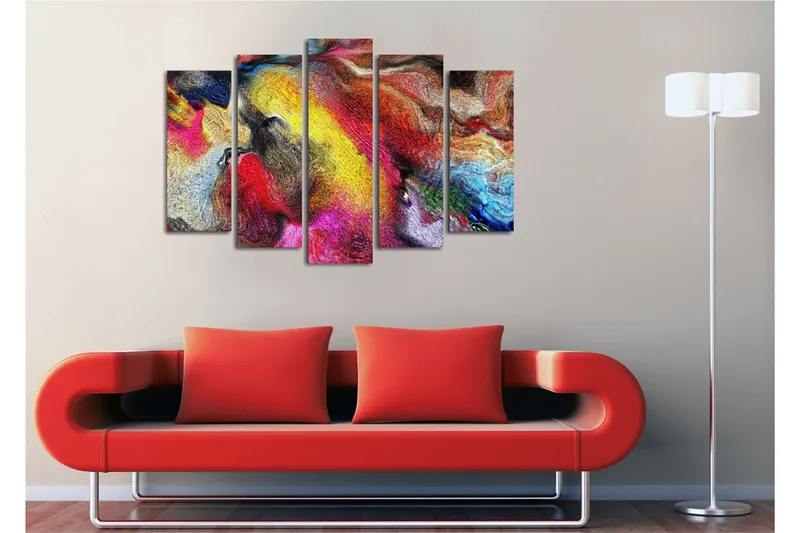 Stort lerretsbilde i 5 deler 105x70 cm - Fargerik abstrakt komposisjon med feiende former - Rød / Gul / Blå - Interiør - Maleri & posters - Lerretsbilder
