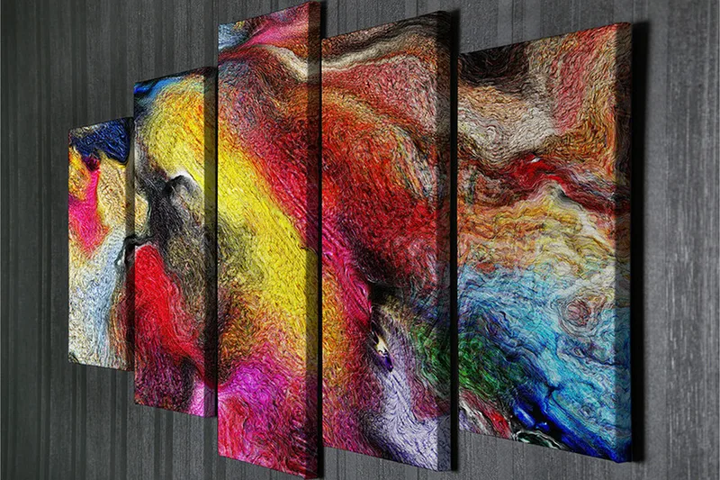 Stort lerretsbilde i 5 deler 105x70 cm - Fargerik abstrakt komposisjon med feiende former - Rød / Gul / Blå - Interiør - Maleri & posters - Lerretsbilder