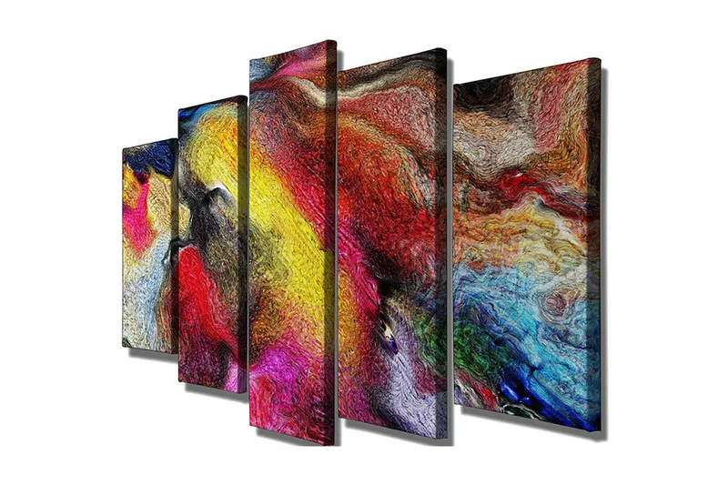 Stort lerretsbilde i 5 deler 105x70 cm - Fargerik abstrakt komposisjon med feiende former, Rød / Gul / Blå
