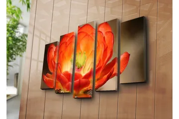 Stort lerretsbilde i 5 deler 105x70 cm - Fargerik blomst med dype oransje og røde nyanser - Oransje / Grønn - Interiør - Maleri & posters - Lerretsbilder