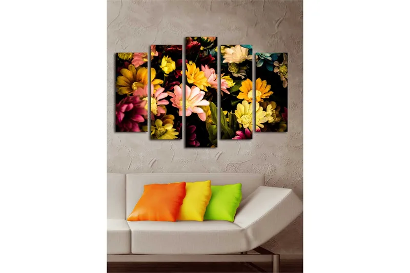 Stort lerretsbilde i 5 deler 105x70 cm - Fargerik blomsterbukett - Gul / Rosa / Grønn - Interiør - Maleri & posters - Lerretsbilder