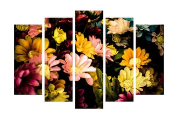 Stort lerretsbilde i 5 deler 105x70 cm - Fargerik blomsterbukett - Gul / Rosa / Grønn - Interiør - Maleri & posters - Lerretsbilder