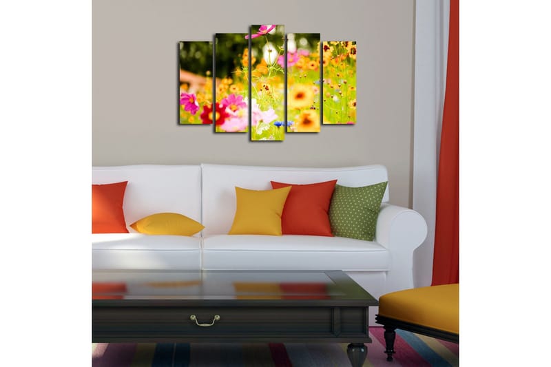 Stort lerretsbilde i 5 deler 105x70 cm - Fargerik blomstereng med forskjellige blomster - Rosa / Oransje / Gul - Interiør - Maleri & posters - Lerretsbilder