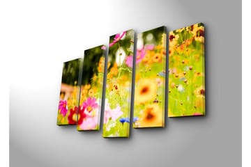 Stort lerretsbilde i 5 deler 105x70 cm - Fargerik blomstereng med forskjellige blomster - Rosa / Oransje / Gul - Interiør - Maleri & posters - Lerretsbilder