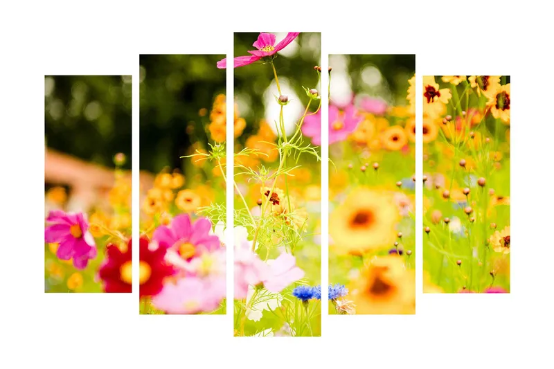 Stort lerretsbilde i 5 deler 105x70 cm - Fargerik blomstereng med forskjellige blomster - Rosa / Oransje / Gul - Interiør - Maleri & posters - Lerretsbilder