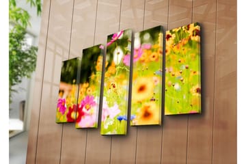 Stort lerretsbilde i 5 deler 105x70 cm - Fargerik blomstereng med forskjellige blomster - Rosa / Oransje / Gul - Interiør - Maleri & posters - Lerretsbilder