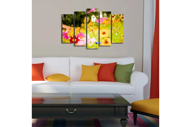 Stort lerretsbilde i 5 deler 105x70 cm - Fargerik blomstereng med forskjellige blomster - Rosa / Oransje / Gul - Interiør - Maleri & posters - Lerretsbilder