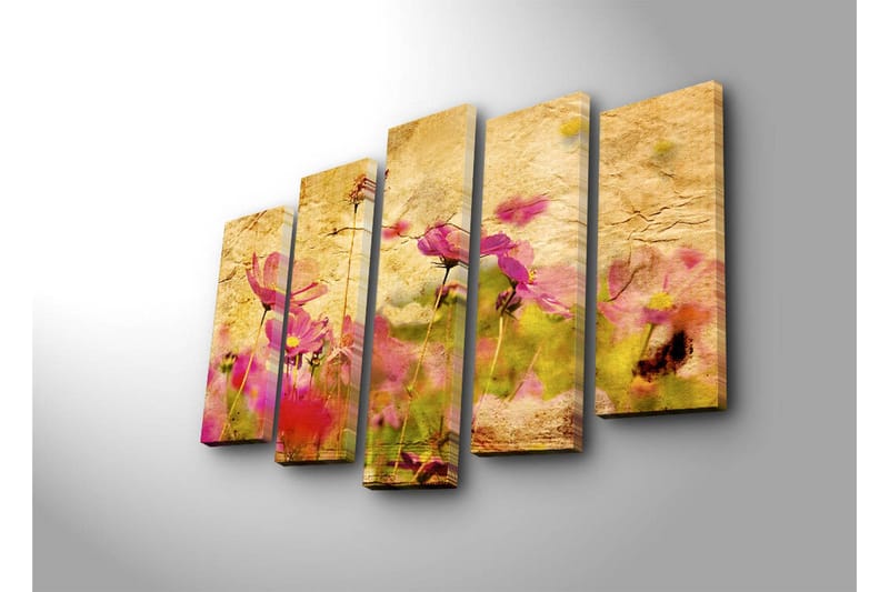 Stort lerretsbilde i 5 deler 105x70 cm - Fargerik blomstereng med rosa blomster - Rosa / Gul / Grønn - Interiør - Maleri & posters - Lerretsbilder