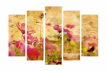 Stort lerretsbilde i 5 deler 105x70 cm - Fargerik blomstereng med rosa blomster - Rosa / Gul / Grønn - Interiør - Maleri & posters - Lerretsbilder