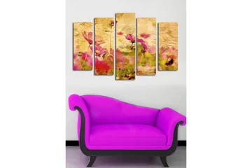 Stort lerretsbilde i 5 deler 105x70 cm - Fargerik blomstereng med rosa blomster - Rosa / Gul / Grønn - Interiør - Maleri & posters - Lerretsbilder