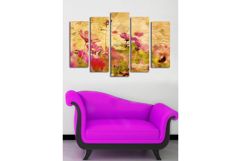 Stort lerretsbilde i 5 deler 105x70 cm - Fargerik blomstereng med rosa blomster - Rosa / Gul / Grønn - Interiør - Maleri & posters - Lerretsbilder
