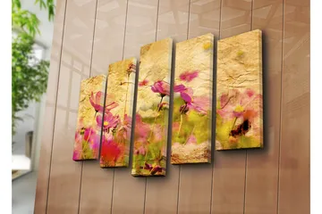 Stort lerretsbilde i 5 deler 105x70 cm - Fargerik blomstereng med rosa blomster - Rosa / Gul / Grønn - Interiør - Maleri & posters - Lerretsbilder