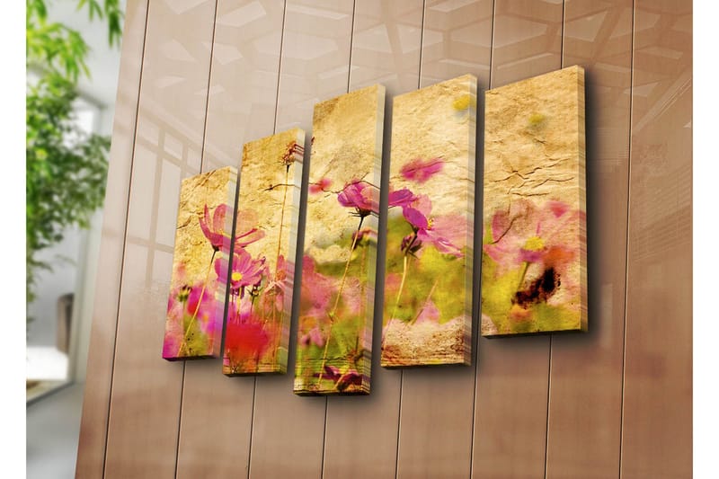 Stort lerretsbilde i 5 deler 105x70 cm - Fargerik blomstereng med rosa blomster - Rosa / Gul / Grønn - Interiør - Maleri & posters - Lerretsbilder
