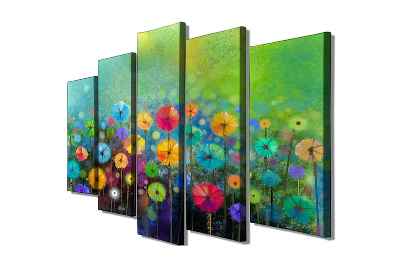 Stort lerretsbilde i 5 deler 105x70 cm - Fargerik blomstereng med parasollformede blomster - Grønn / Rosa / Blå - Interiør - Maleri & posters - Lerretsbilder