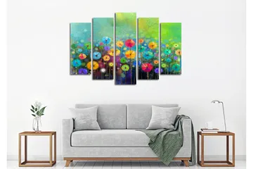 Stort lerretsbilde i 5 deler 105x70 cm - Fargerik blomstereng med parasollformede blomster - Grønn / Rosa / Blå - Interiør - Maleri & posters - Lerretsbilder