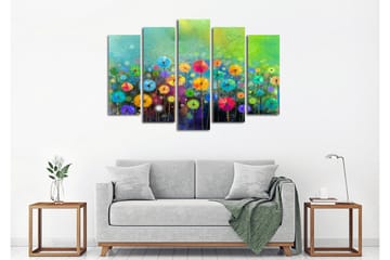 Stort lerretsbilde i 5 deler 105x70 cm - Fargerik blomstereng med parasollformede blomster - Grønn / Rosa / Blå - Interiør - Maleri & posters - Lerretsbilder