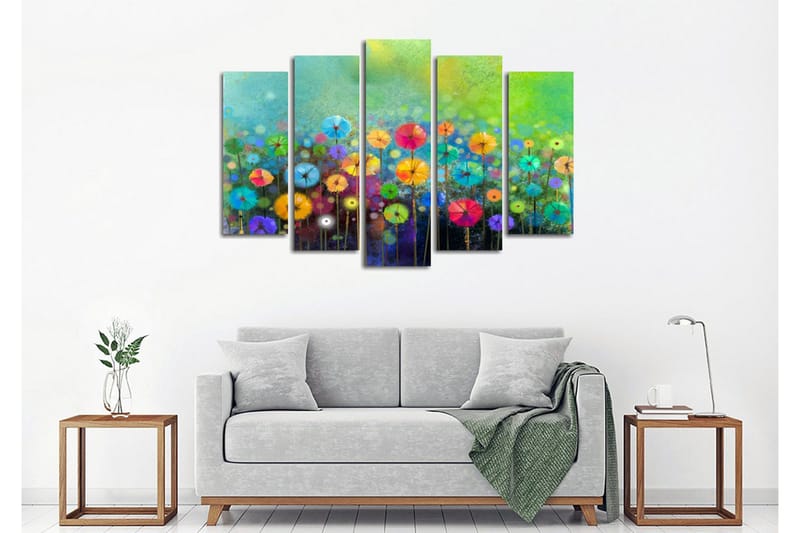 Stort lerretsbilde i 5 deler 105x70 cm - Fargerik blomstereng med parasollformede blomster - Grønn / Rosa / Blå - Interiør - Maleri & posters - Lerretsbilder