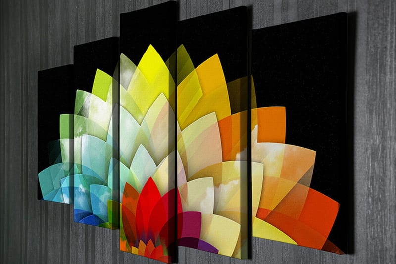 Stort lerretsbilde i 5 deler 105x70 cm - Fargerik blomsterkomposisjon med geometriske former - Grønn / Gul / Rød - Interiør - Maleri & posters - Lerretsbilder