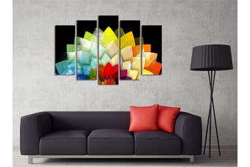 Stort lerretsbilde i 5 deler 105x70 cm - Fargerik blomsterkomposisjon med geometriske former - Grønn / Gul / Rød - Interiør - Maleri & posters - Lerretsbilder