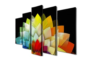 Stort lerretsbilde i 5 deler 105x70 cm - Fargerik blomsterkomposisjon med geometriske former - Grønn / Gul / Rød - Interiør - Maleri & posters - Lerretsbilder