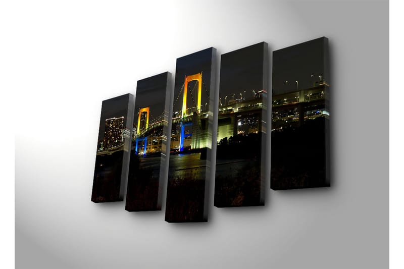 Stort lerretsbilde i 5 deler 105x70 cm - Fargerik bro opplyst av nattlys - Gul / Blå / Grønn - Interiør - Maleri & posters - Lerretsbilder