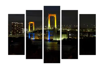 Stort lerretsbilde i 5 deler 105x70 cm - Fargerik bro opplyst av nattlys - Gul / Blå / Grønn - Interiør - Maleri & posters - Lerretsbilder