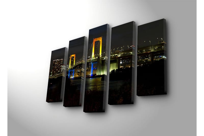 Stort lerretsbilde i 5 deler 105x70 cm - Fargerik bro opplyst av nattlys - Gul / Blå / Grønn - Interiør - Maleri & posters - Lerretsbilder
