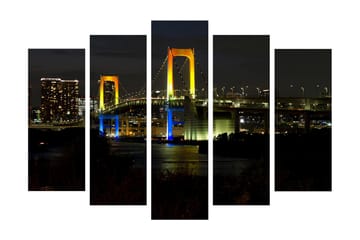 Stort lerretsbilde i 5 deler 105x70 cm - Fargerik bro opplyst av nattlys - Gul / Blå / Grønn - Interiør - Maleri & posters - Lerretsbilder