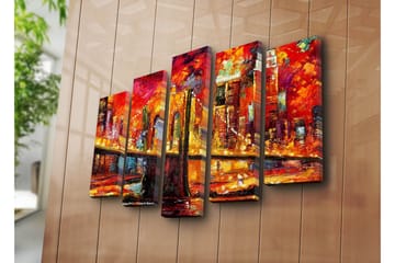 Stort lerretsbilde i 5 deler 105x70 cm - Fargerik bysilhuett med en bro i solnedgangens lys - Rød / Oransje / Gul - Interiør - Maleri & posters - Lerretsbilder