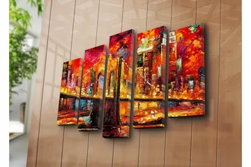 Stort lerretsbilde i 5 deler 105x70 cm - Fargerik bysilhuett med en bro i solnedgangens lys - Rød / Oransje / Gul - Interiør - Maleri & posters - Lerretsbilder