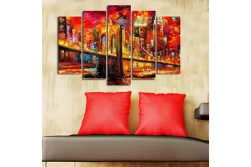 Stort lerretsbilde i 5 deler 105x70 cm - Fargerik bysilhuett med en bro i solnedgangens lys - Rød / Oransje / Gul - Interiør - Maleri & posters - Lerretsbilder