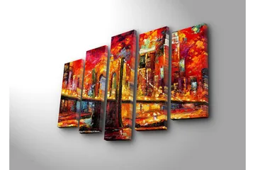 Stort lerretsbilde i 5 deler 105x70 cm - Fargerik bysilhuett med en bro i solnedgangens lys - Rød / Oransje / Gul - Interiør - Maleri & posters - Lerretsbilder
