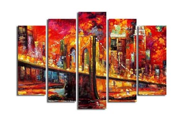 Stort lerretsbilde i 5 deler 105x70 cm - Fargerik bysilhuett med en bro i solnedgangens lys - Rød / Oransje / Gul - Interiør - Maleri & posters - Lerretsbilder