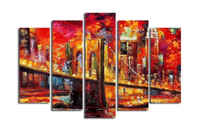 Stort lerretsbilde i 5 deler 105x70 cm - Fargerik bysilhuett med en bro i solnedgangens lys - Rød / Oransje / Gul - Interiør - Maleri & posters - Lerretsbilder