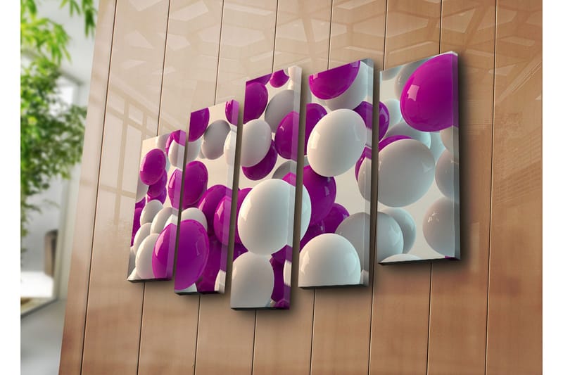 Stort lerretsbilde i 5 deler 105x70 cm - Fargerik komposisjon av kuler i forskjellige størrelser - Lilla / Hvit - Interiør - Maleri & posters - Lerretsbilder