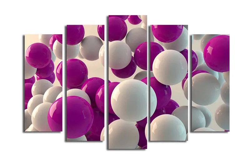 Stort lerretsbilde i 5 deler 105x70 cm - Fargerik komposisjon av kuler i forskjellige størrelser - Lilla / Hvit - Interiør - Maleri & posters - Lerretsbilder