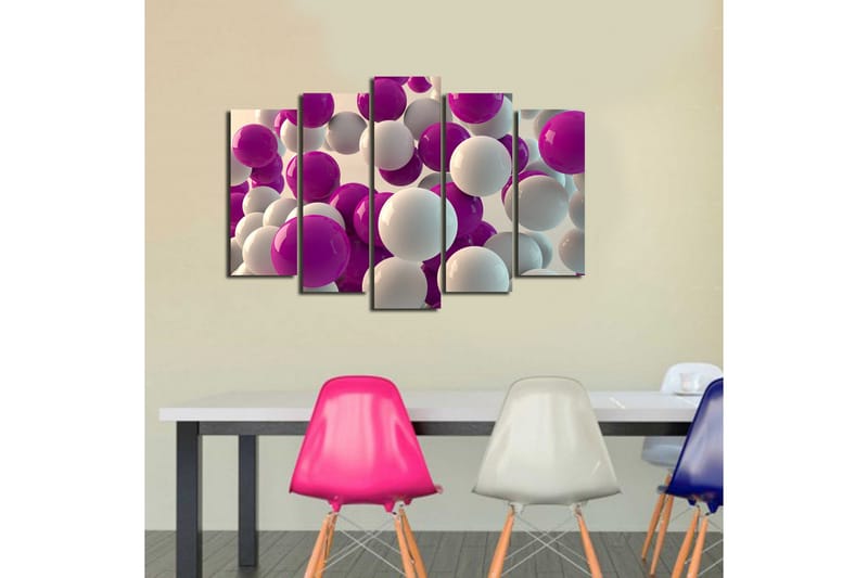 Stort lerretsbilde i 5 deler 105x70 cm - Fargerik komposisjon av kuler i forskjellige størrelser - Lilla / Hvit - Interiør - Maleri & posters - Lerretsbilder
