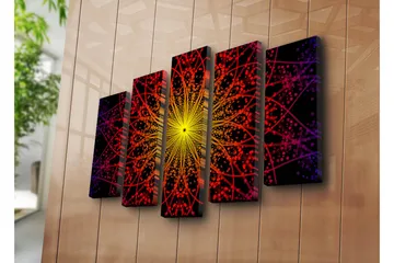 Stort lerretsbilde i 5 deler 105x70 cm - Fargerik mandala med lysstråler - Gul / Rød / Svart - Interiør - Maleri & posters - Lerretsbilder