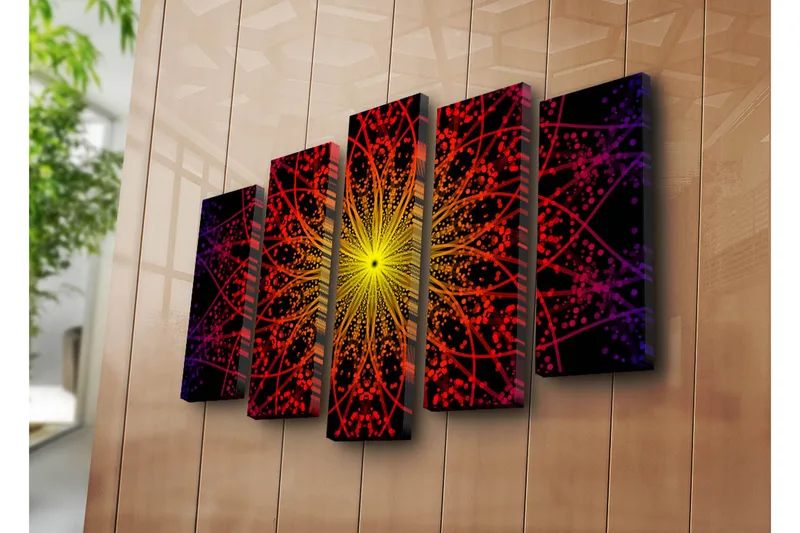 Stort lerretsbilde i 5 deler 105x70 cm - Fargerik mandala med lysstråler - Gul / Rød / Svart - Interiør - Maleri & posters - Lerretsbilder
