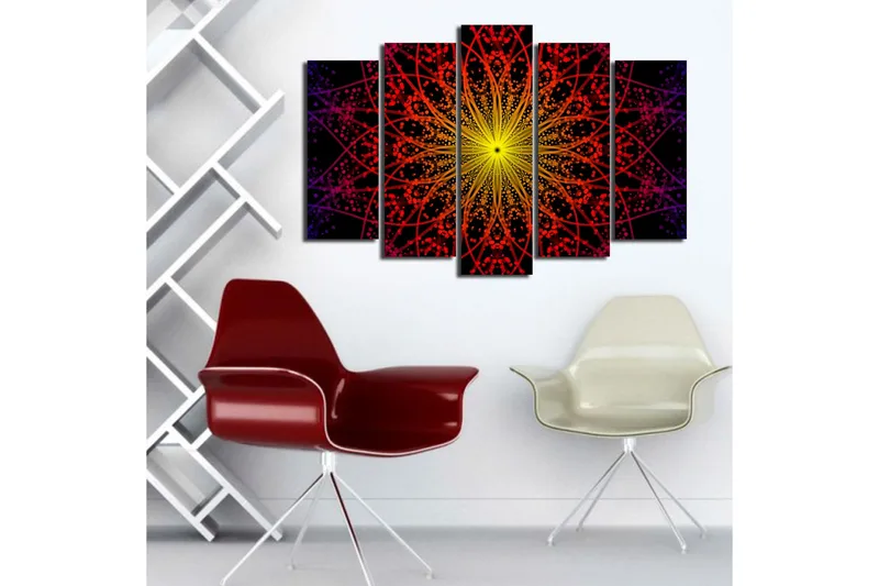 Stort lerretsbilde i 5 deler 105x70 cm - Fargerik mandala med lysstråler - Gul / Rød / Svart - Interiør - Maleri & posters - Lerretsbilder